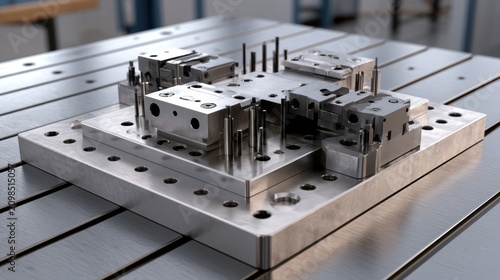 industrial high precision metal mold base component manufacturing equipment heavy machinery steel parts on cnc machine table engineering technology metallic factory workpiece tool and die