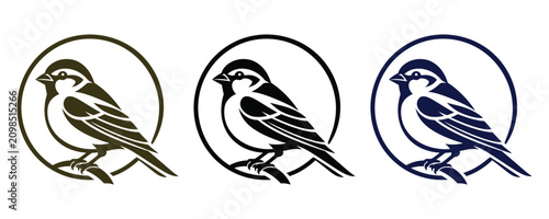 Collection of sparrow bird logos in circles as vector icons isolated on white background