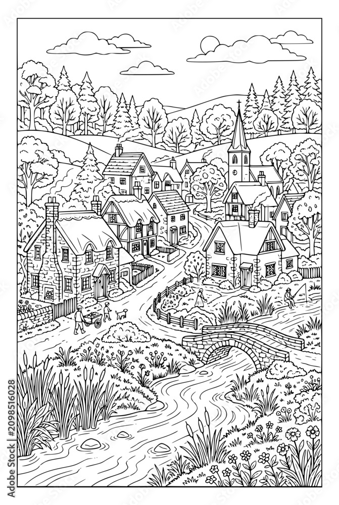 Fototapeta premium Charming Countryside Village Coloring Page with River and Stone Bridge