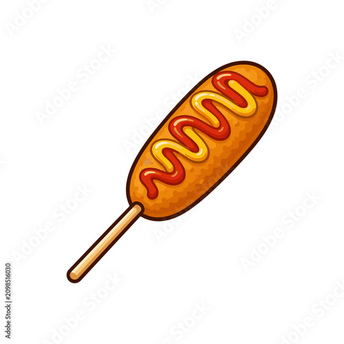 Corn Dog with Ketchup and Mustard Flat Vector