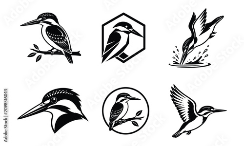 Set of black and white kingfisher bird icons in various poses for logo design vector
