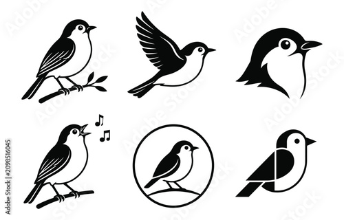 Collection of songbird icons in black and white style for nature and wildlife branding