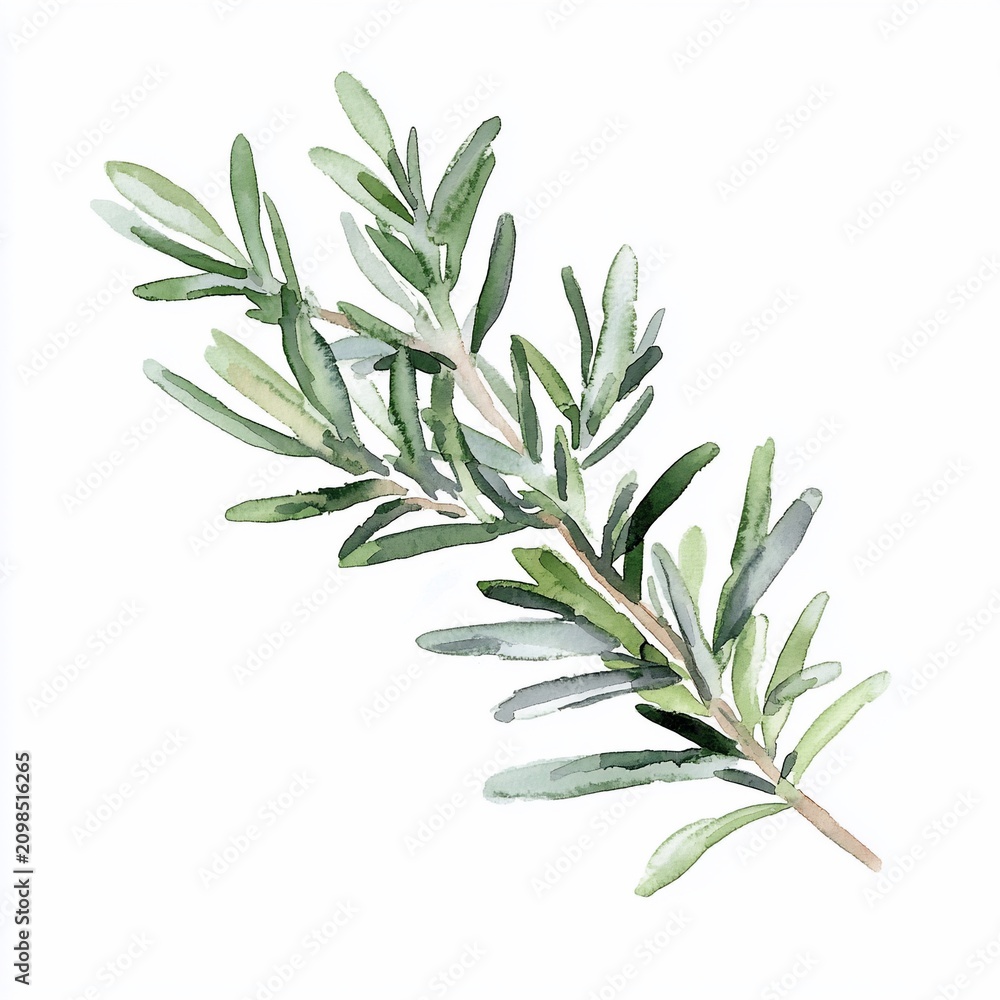 Fototapeta premium Watercolor Rosemary Sprig, Isolated, White Background, Culinary Herb, Design Element