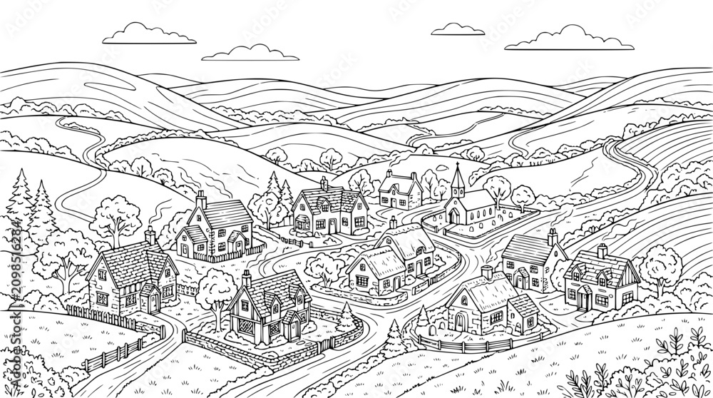 Obraz premium Rural Village Landscape Coloring Page with Rolling Hills and Houses Line Art