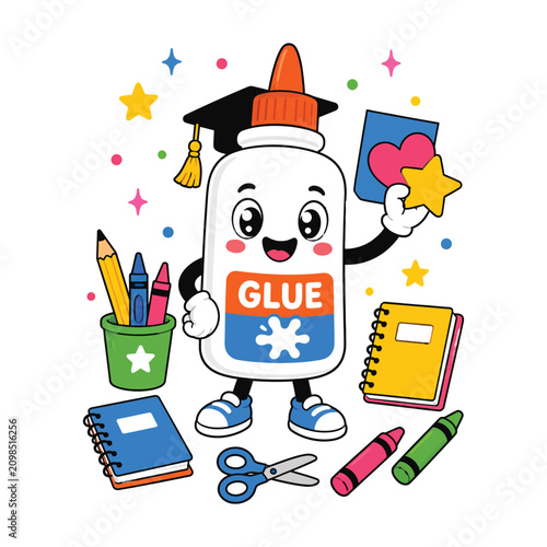 Happy glue bottle character with school supplies for back to school vector illustration