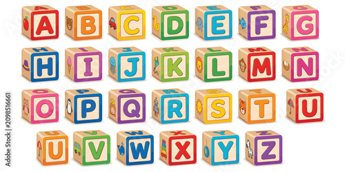 Alphabet wooden block set with colorful letters A to Z, educational toy design, learning concept for kids and preschool teaching flat vector illustration