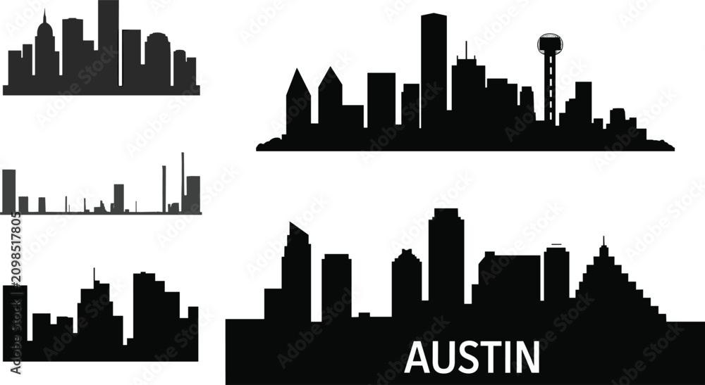 Fototapeta premium Austin Texas Skyline Silhouette Collection with Modern Cityscape Vector Landmark Set