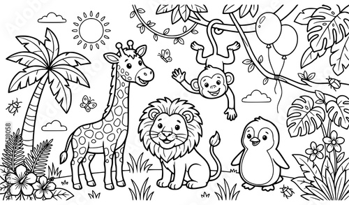 Photography Cute Jungle Animals Coloring Page with Lion Giraffe Monkey and Tropical Forest B