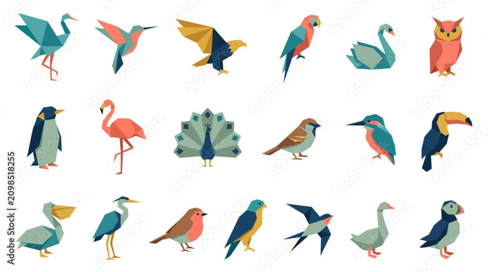Obraz premium Diverse set of bird species icons illustrated in colorful geometric origami paper style on white background, illustrating creative logo design and representing wildlife conservation