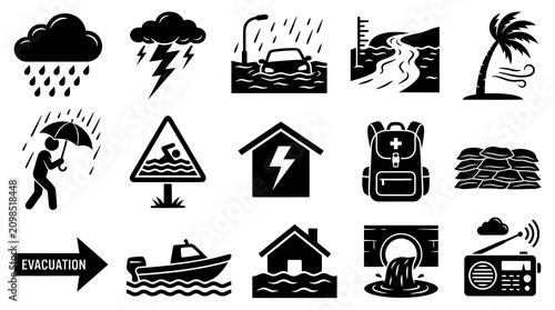 Natural Disaster  Emergency Preparedness Glyph Icons. Flood, Weather Hazard, Warning  Safety Black  White Vector Symbols.