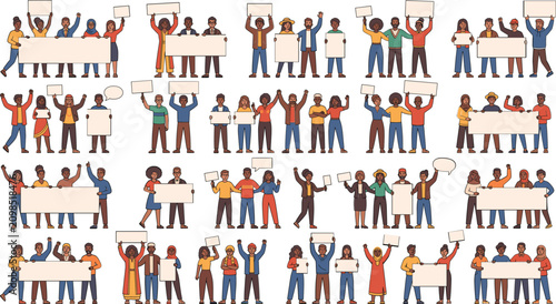Tableau sur toile Collection of small multicultural activist groups holding blank banners and sign