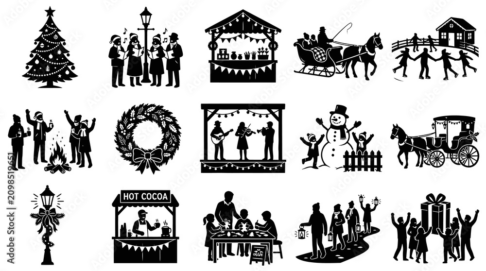 Fototapeta premium Christmas Market Black and White Silhouette Icons Set