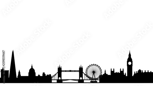 London Skyline Featuring Iconic Landmarks Like Big Ben, the London Eye, and Tower Bridge in a Minimalist Black and White Silhouette Style