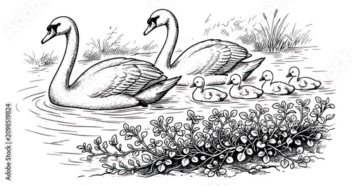Fotografi Vintage swan family illustration, antique woodcut style engraving of swans and c