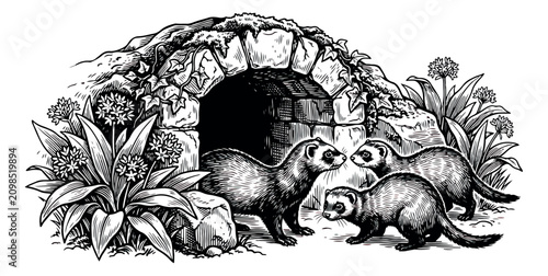 Foto Vintage woodcut ferret illustration, group of three ferrets at stone burrow entr