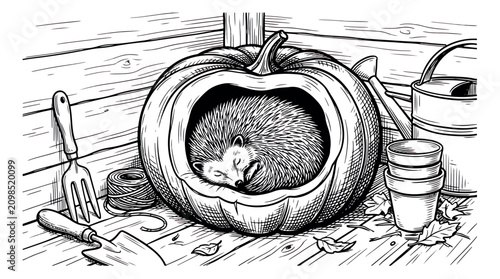 Quadro su tela Vintage woodcut illustration of a cute hedgehog sleeping inside a carved pumpkin