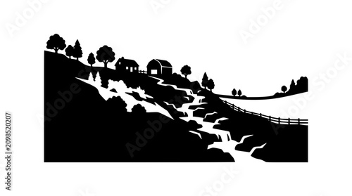 Rural farm landscape silhouette with house barn and winding stream on a hill