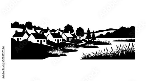 Village landscape silhouette with houses and river black and white illustration