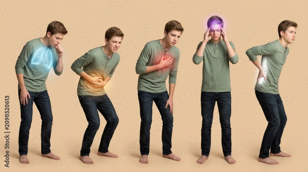 Obraz premium Teenager boy suffering from various body pains and health issues. Anatomy visual showing lung, stomach, heart, head, and backache. Medical diagnostic concept for illness and symptoms.