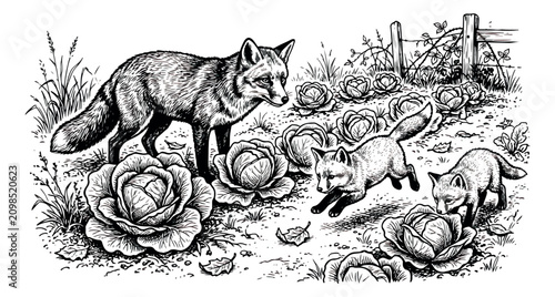 Canvastavla Vintage woodcut fox family in vegetable garden, hand drawn etching of mother fox