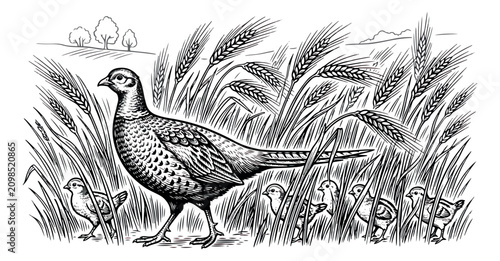Φωτογραφία Vintage pheasant bird with chicks in wheat field, woodcut style game bird illust