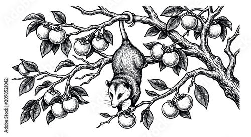 Bild auf Leinwand Vintage woodcut opossum hanging from fruit tree branch, hand drawn marsupial eng