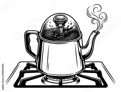 Canvastavla Vintage coffee percolator on stove burner, retro stovetop coffee pot with steam,