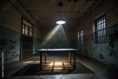 Empty metal interrogation table inside a dark abandoned prison cell illuminated by a single bright hanging light fixture above center