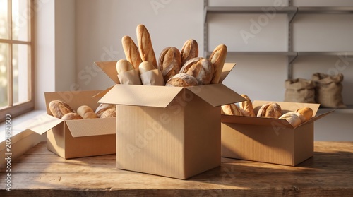 Warm bakery collection scene with open corrugated cartons filled with baguettes, rolls and rustic loaves, showing unsold bread prepared for charitable delivery, community support and waste prevention