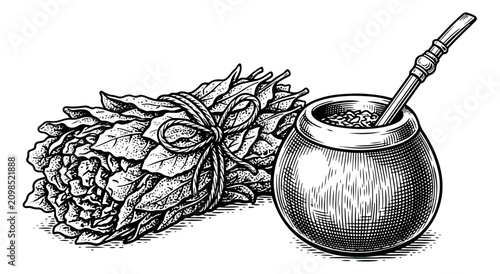 Photos Vintage yerba mate tea illustration, hand drawn calabash gourd with bombilla str