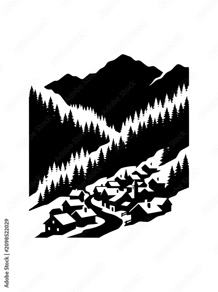 Fototapeta premium Black and White Mountain Village Silhouette Landscape