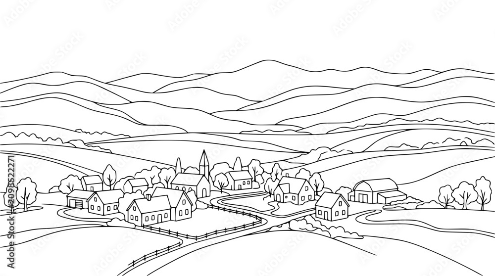 Fototapeta premium Rural Village Landscape Line Art Illustration for Coloring Book
