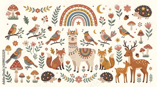 Cute woodland animals vector set with deer, fox, owl, squirrel. Whimsical forest creatures and floral elements illustration for design, stickers, and patterns. Flat folk art style.