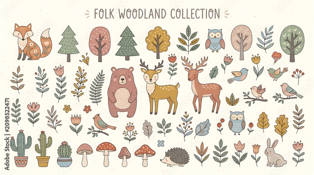 Fototapeta premium Cute woodland animals vector set with deer, fox, owl, squirrel. Whimsical forest creatures and floral elements illustration for design, stickers, and patterns. Flat folk art style.