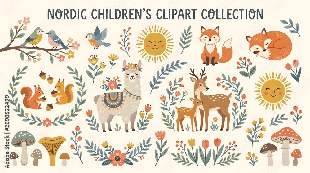 Fototapeta premium Cute woodland animals vector set with deer, fox, owl, squirrel. Whimsical forest creatures and floral elements illustration for design, stickers, and patterns. Flat folk art style.