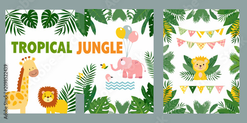 Tropical jungle vector illustration with animals and foliage
