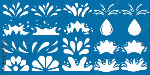 Water splash and droplet collection white vector illustration on blue background