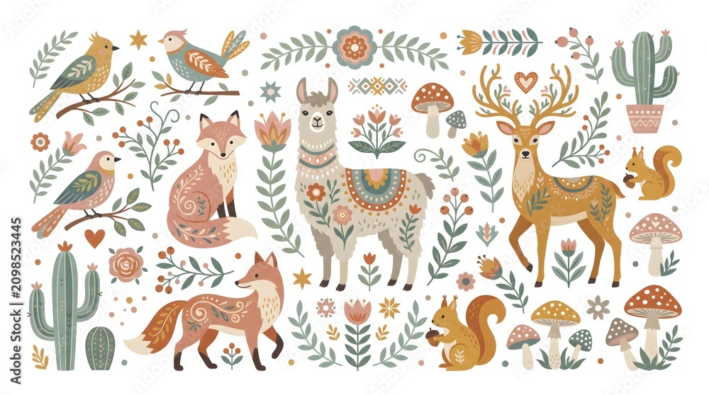 Fototapeta premium Cute woodland animals vector illustration. Folk art style featuring deer, fox, owl, llama, squirrel, forest flowers, and nature elements for creative design and decorative patterns.