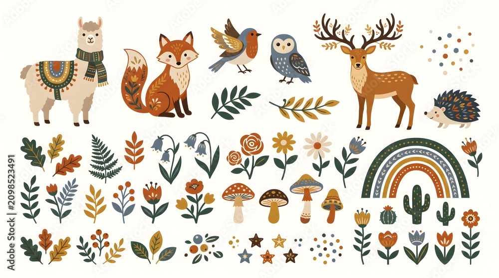 Fototapeta premium Cute woodland animals vector illustration. Folk art style featuring deer, fox, owl, llama, squirrel, forest flowers, and nature elements for creative design and decorative patterns.