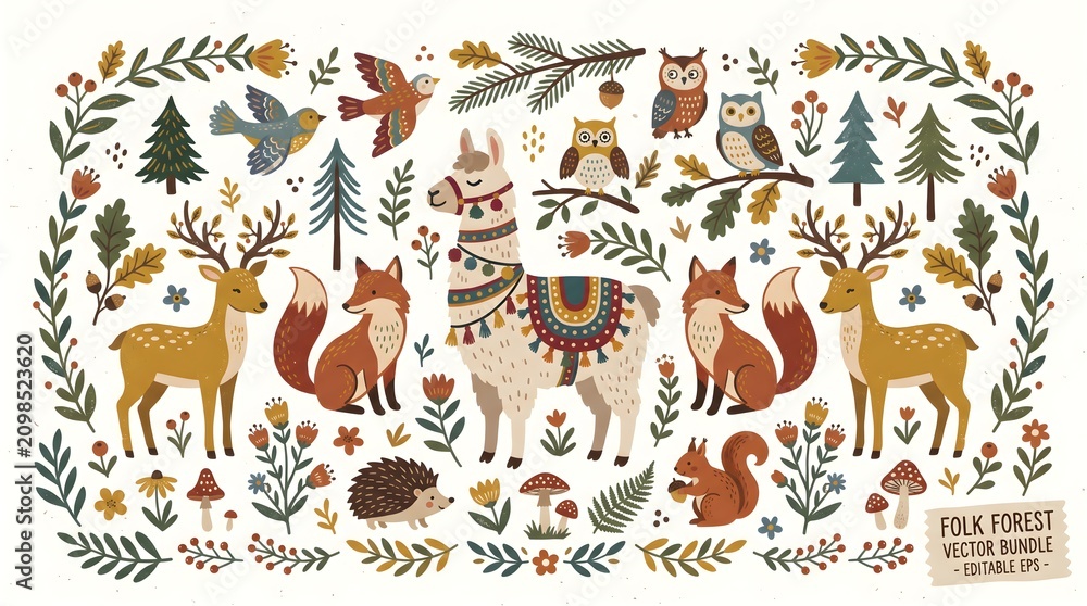 Naklejka premium Cute woodland animals vector illustration. Folk art style featuring deer, fox, owl, llama, squirrel, forest flowers, and nature elements for creative design and decorative patterns.