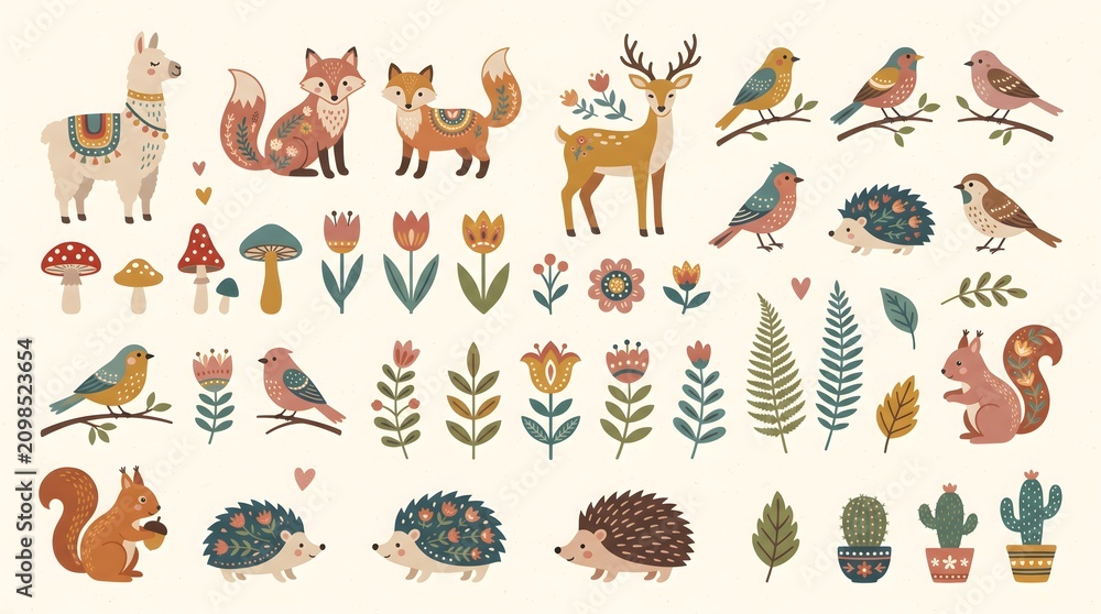 Naklejka premium Cute woodland animals vector illustration. Folk art style featuring deer, fox, owl, llama, squirrel, forest flowers, and nature elements for creative design and decorative patterns.