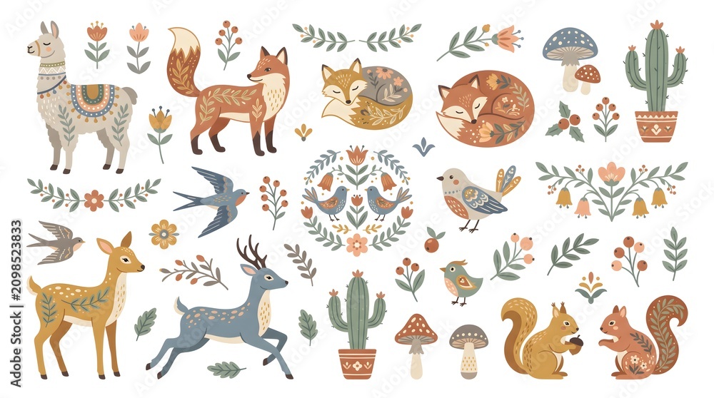 Obraz premium Cute woodland animals vector illustration. Folk art style featuring deer, fox, owl, llama, squirrel, forest flowers, and nature elements for creative design and decorative patterns.