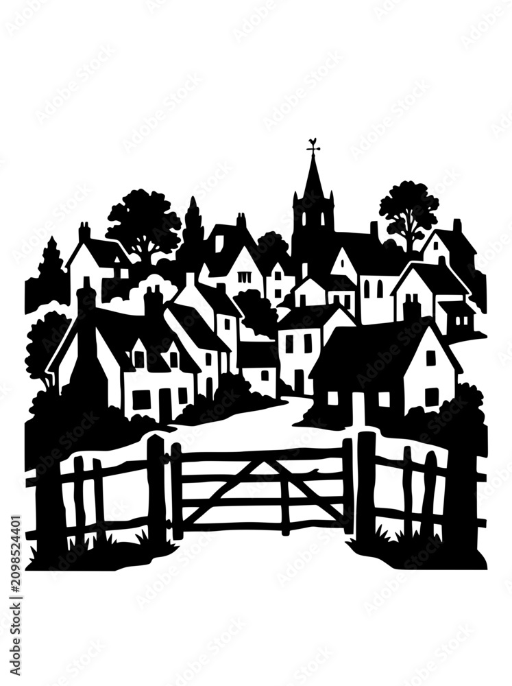 Fototapeta premium Silhouette of a Traditional English Village Scene with Church and Gate