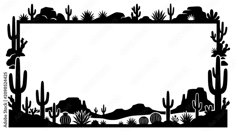 Obraz premium Southwestern Desert Border with Cacti and Mountains Silhouette