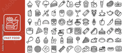 Fast food and takeaway outline icon set. Featuring burger, pizza, french fries, noodles, and soft drink symbols. Editable stroke vector icons for restaurant menus and delivery applications.