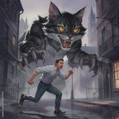 Giant black cat leaps over man running through misty European street alleyway at night