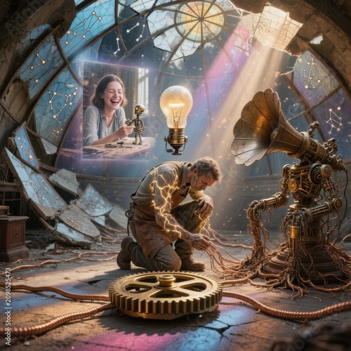 Steampunk Inventor Repairing Mechanical Gear With Lightning Sparks Under Stained Glass Dome Light