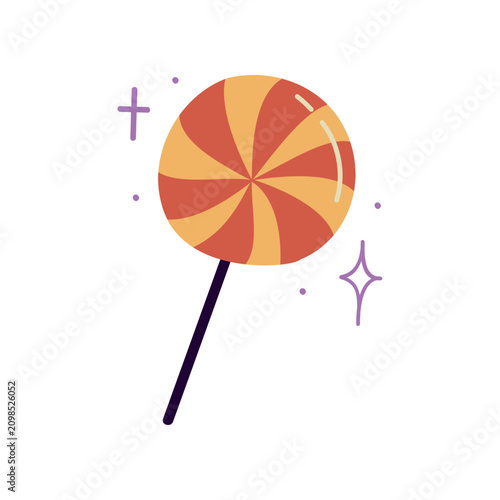 Cute Halloween lollipop on stick with magic sparkles flat vector illustration isolated on white background