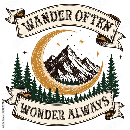 Wander Often Wonder Always T-shirt Design, Camping Tshirt Vector, Outdoor Adventure Illustration, Hiking Vintage Nature Quote, Camper Life Graphic