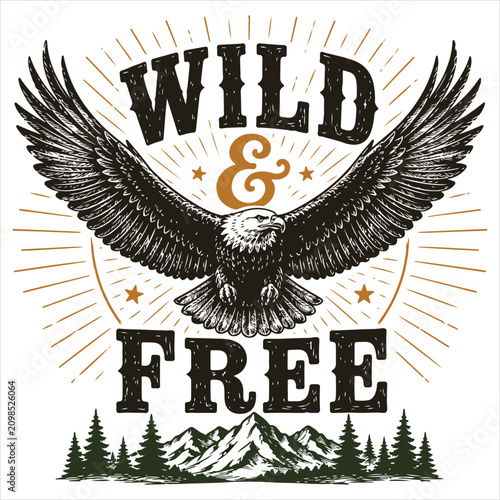Wild Free T-shirt Design, Ca∂mping Tshirt Vector, Outdoor Adventure Illustration, Hiking Vintage Nature Quote, Camper Life Graphic